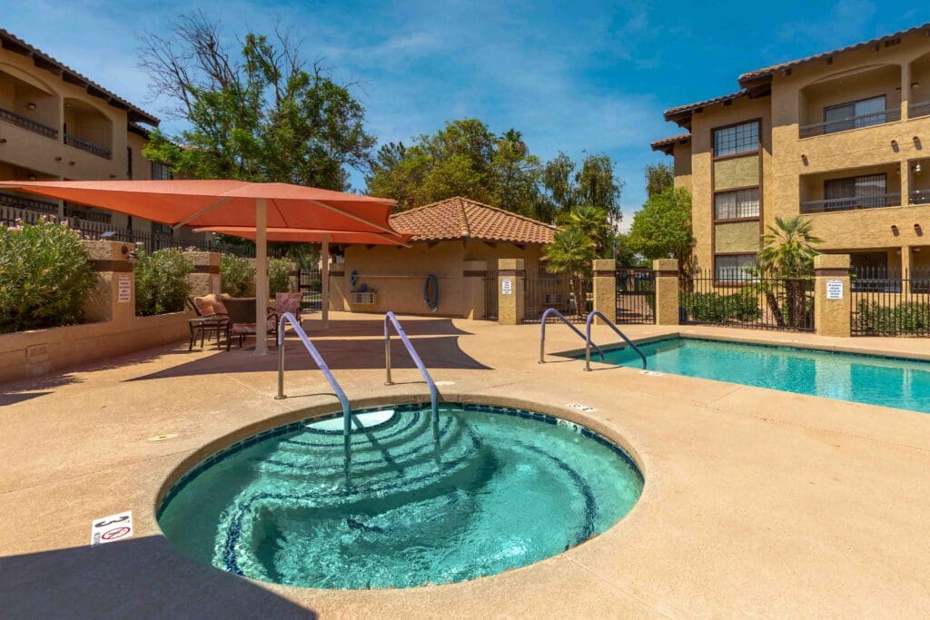 Final Selects-303A5273 - Inspirations of Mesa Pool, hot tub, and courtyard outside at Inspirations of Mesa.