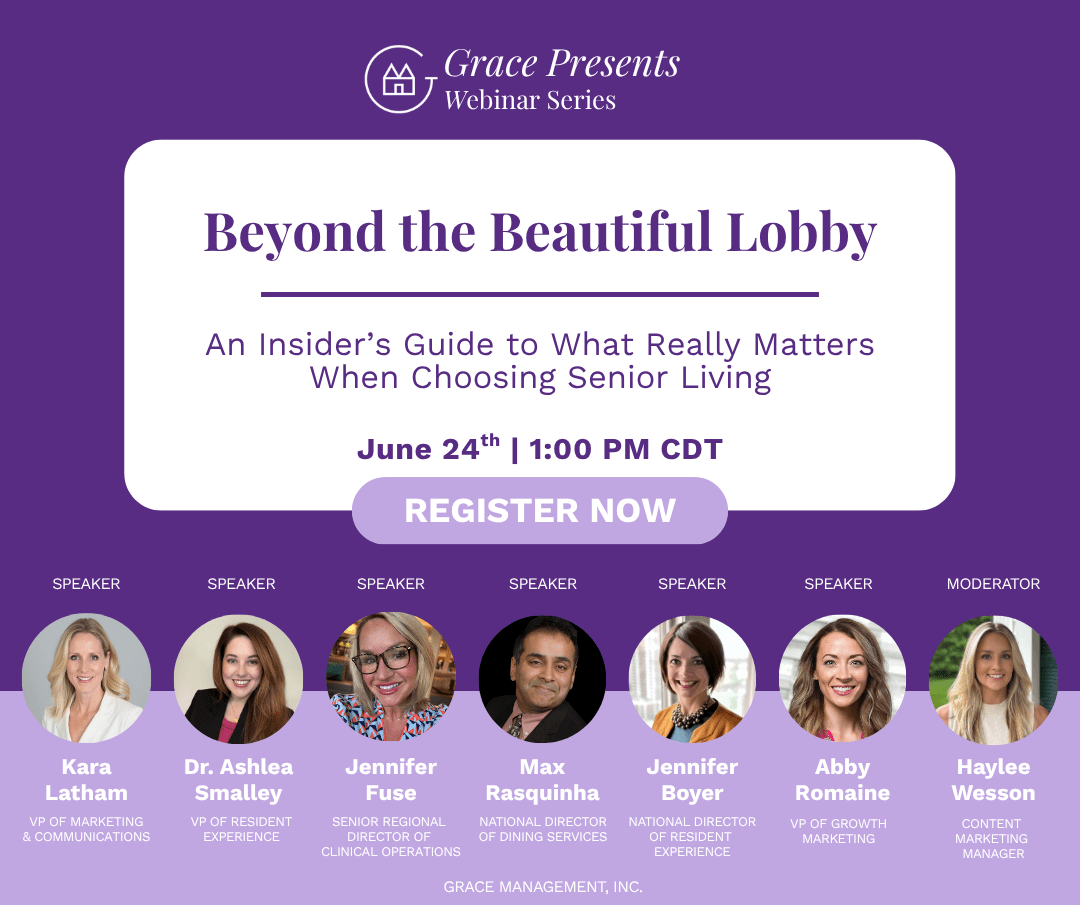 Grace Presents webinar banner for 'Beyond the Beautiful Lobby' with date June 24 and a 'Register Now' CTA, plus speaker headshots and titles in a row.